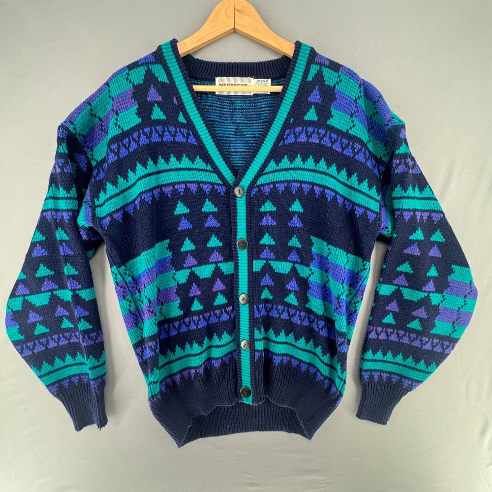 Vintage McGregor Mens Geometric Cardigan Sweater Teal Purple Navy Blue Medium